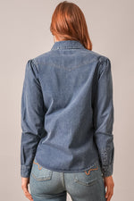 Kimes Ranch Womens Frankie Indigo Stripe back yoke and shoulder seaming on striped denim ranch wear