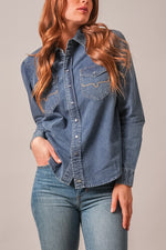 Kimes Ranch Womens Frankie Indigo Stripe striped denim western snap shirt with pearl snaps and chest pockets womens western boutique Utah SKU WTO0000092-BL021