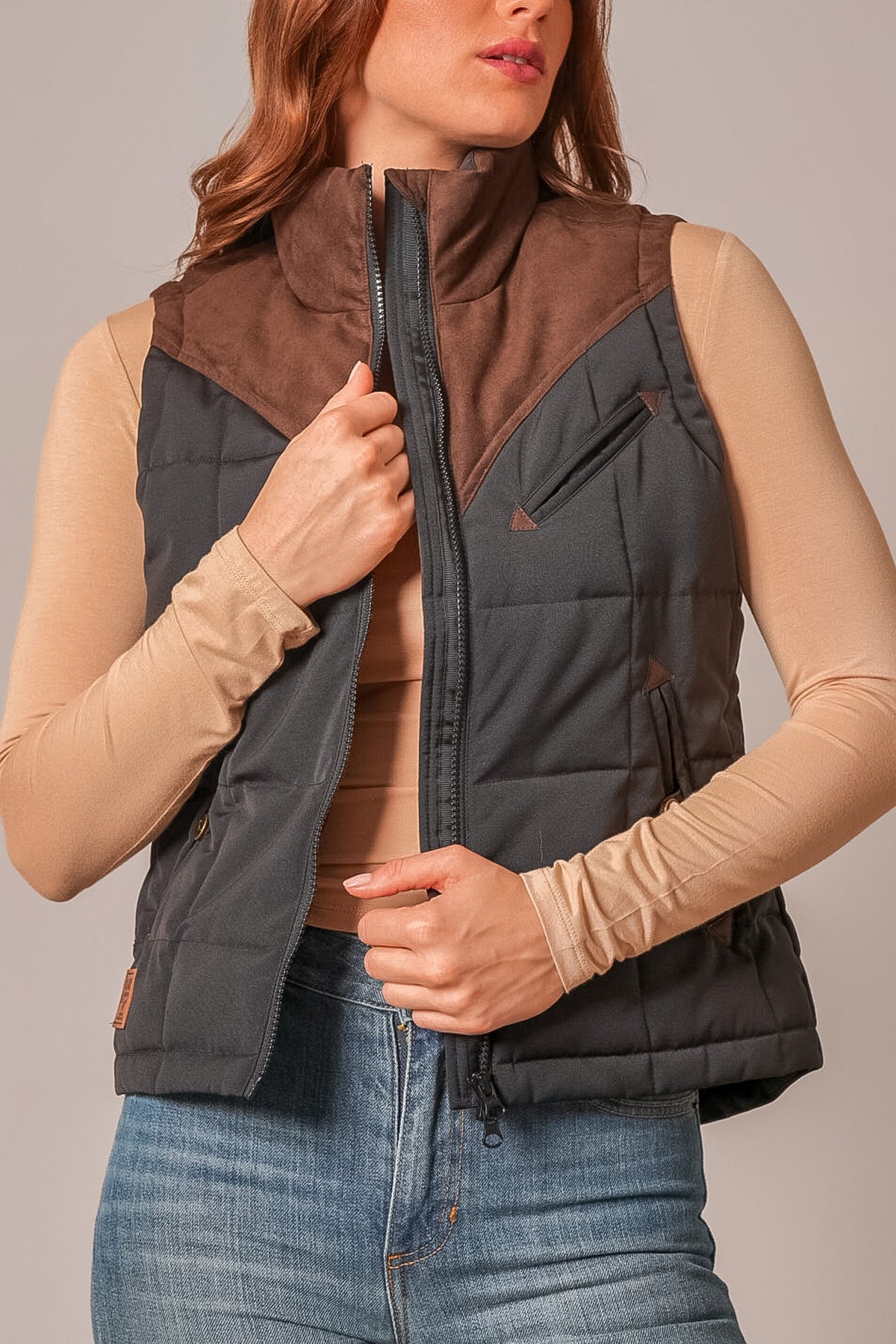 Kimes Ranch Womens Lenora Black charcoal quilted puffer vest with brown suede collar and yoke womens western boutique Utah SKU WVE0000005BK001