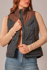 Kimes Ranch Womens Lenora Black charcoal quilted puffer vest with brown suede collar and yoke womens western boutique Utah SKU WVE0000005BK001