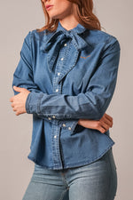 Kimes Ranch Womens Lolo Indigo denim western snap shirt with pearl snaps and pointed yokes womens western boutique Utah SKU WTO0000094BL018