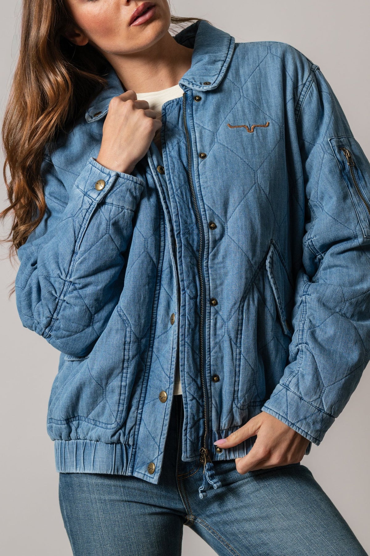 Kimes Ranch Womens Phoebe Indigo quilted denim jacket with snap front and chest pockets womens western boutique Utah SKU WJA0000026BL018