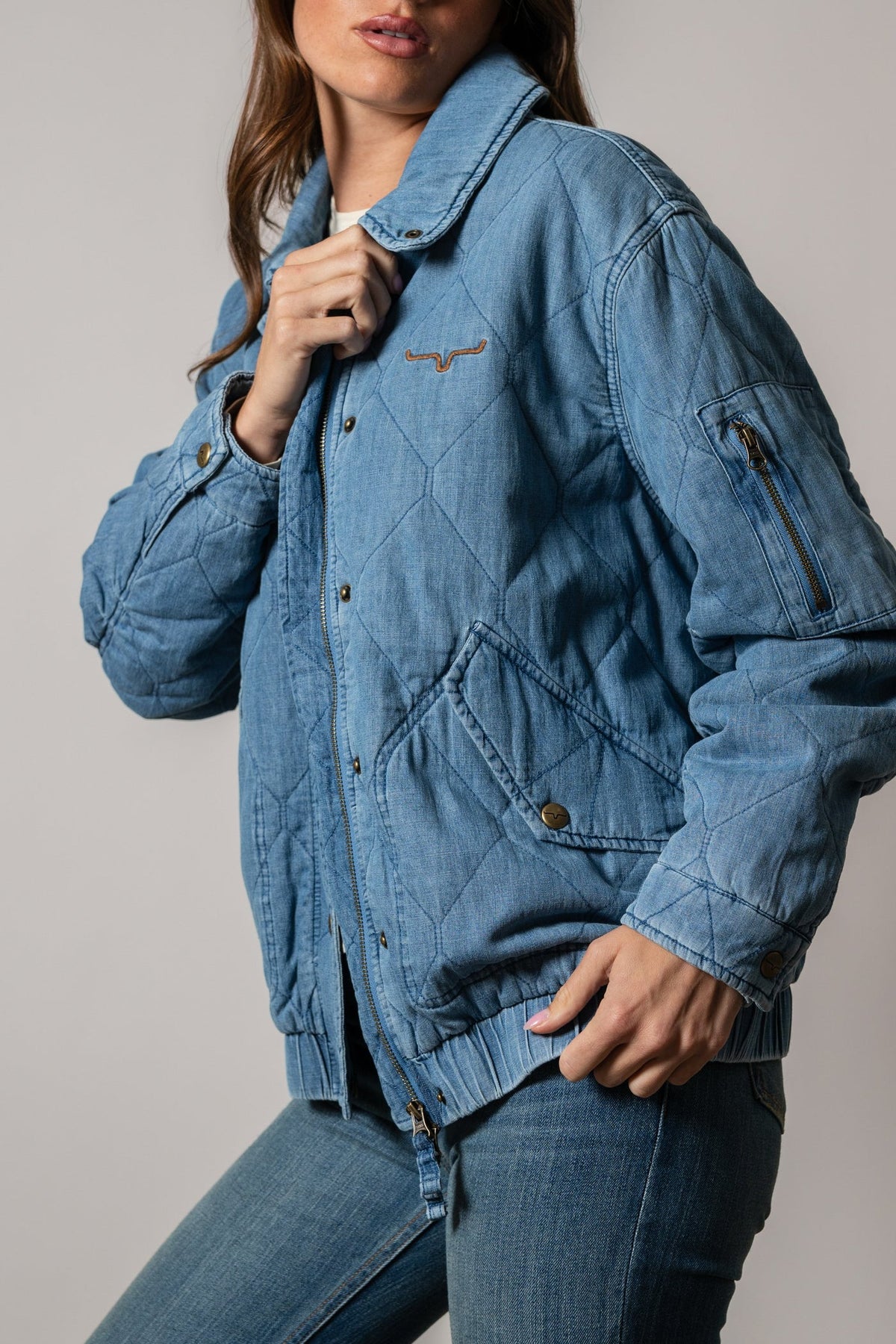 Kimes Ranch Womens Phoebe Indigo oversized drop shoulder silhouette with a quilted denim back panel womens western fashion