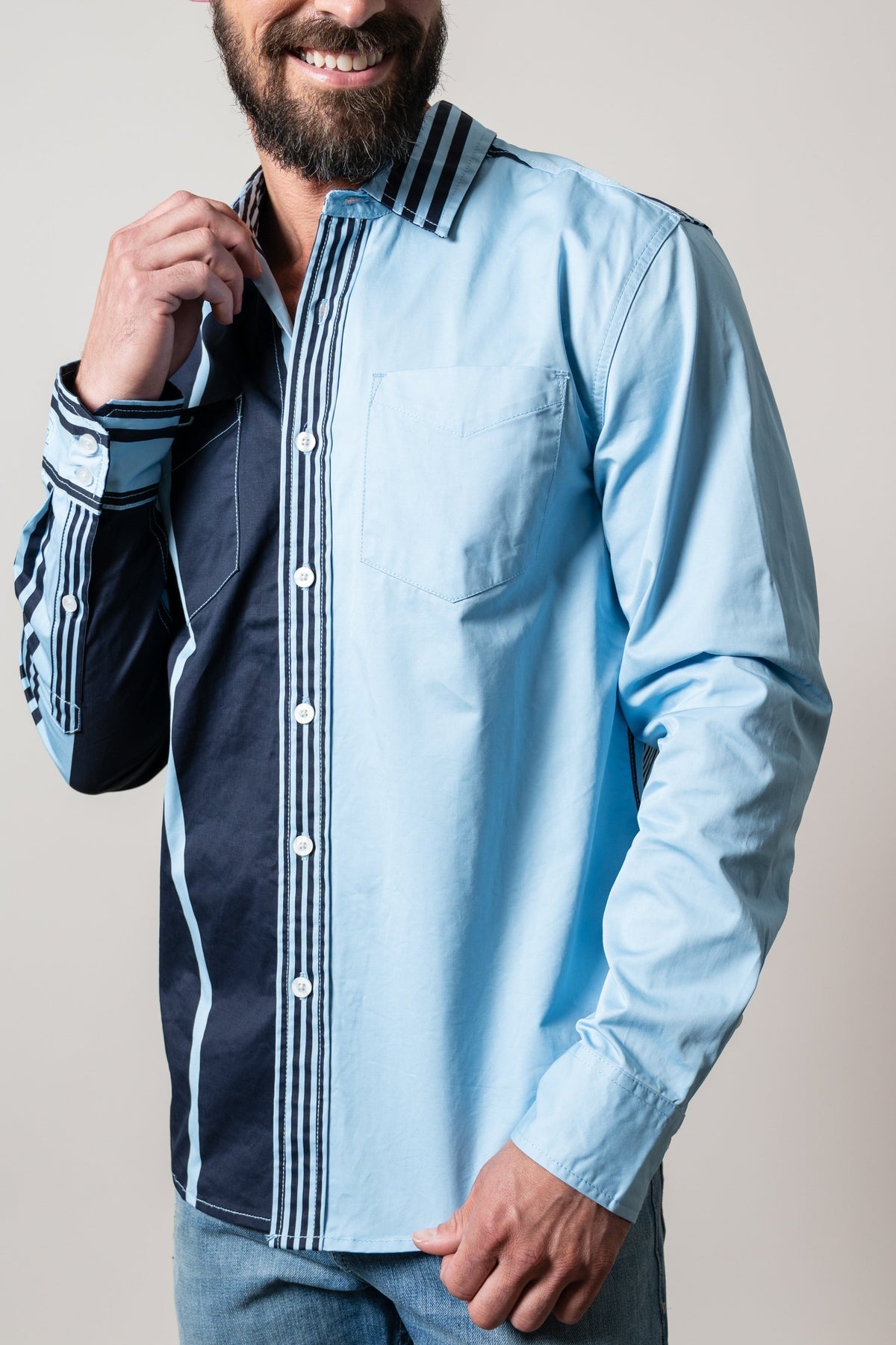 Kimes Ranch Mens ZT 1 Arm Bandit Light Blue vertical stripe western snap shirt in soft blue tones with long sleeves mens western clothing Utah SKU MDS0000045BL003