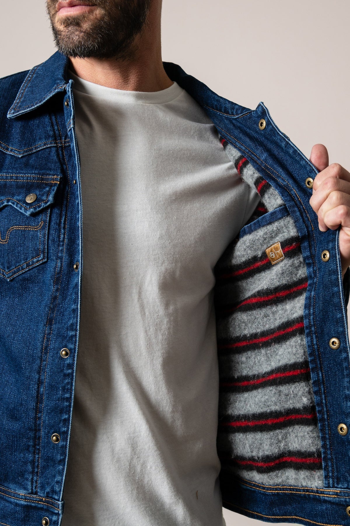 Kimes Ranch Mens ZT El Ranchero Indigo boxy cropped denim silhouette worn open over a tee ranch wear