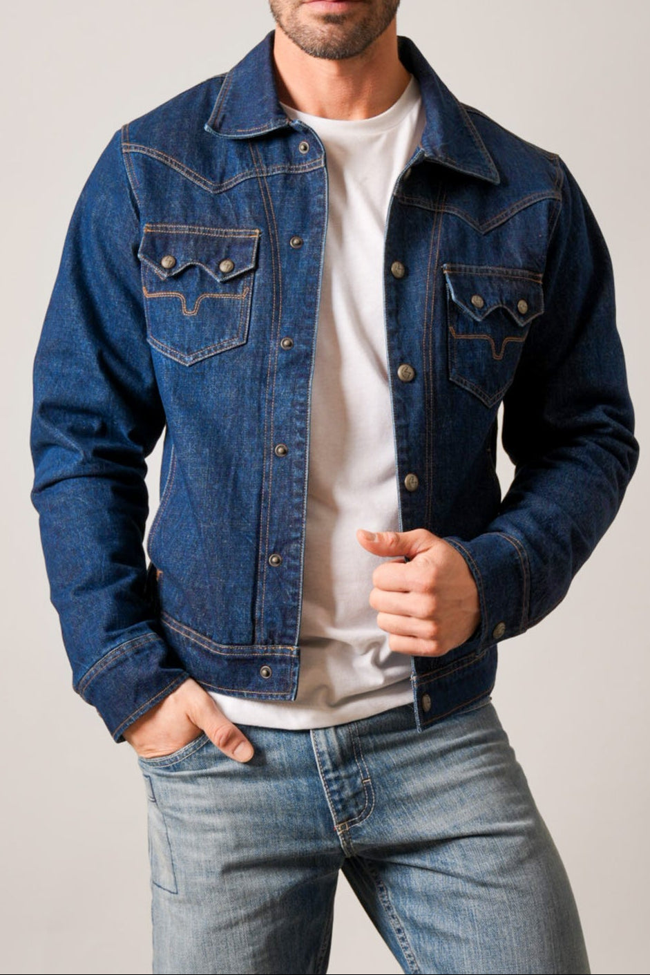 Kimes Ranch Mens ZT El Ranchero Indigo denim trucker jacket with button front and two flap chest pockets mens western clothing Utah SKU MJA0000029BL018