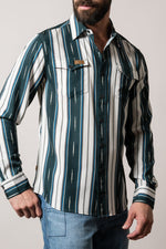 Kimes Ranch Mens ZT Hickory Forest deep green and cream vertical stripe long sleeve western shirt with chest pocket mens western clothing Utah SKU MDS0000053GN024
