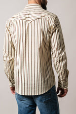 Kimes Ranch Mens ZT Solano Natural buttoned cuff and placket detail on a striped ranch wear shirt