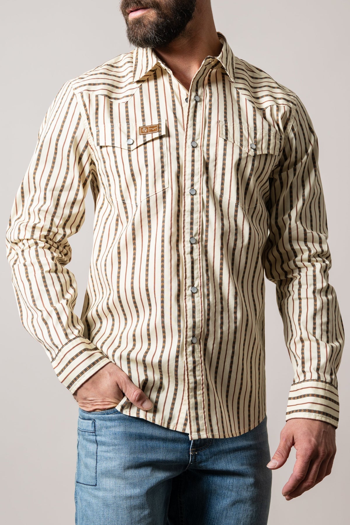 Kimes Ranch Mens ZT Solano Natural cream and tan pinstripe long sleeve western shirt with two chest pockets mens western clothing Utah SKU MDS0000100BE006