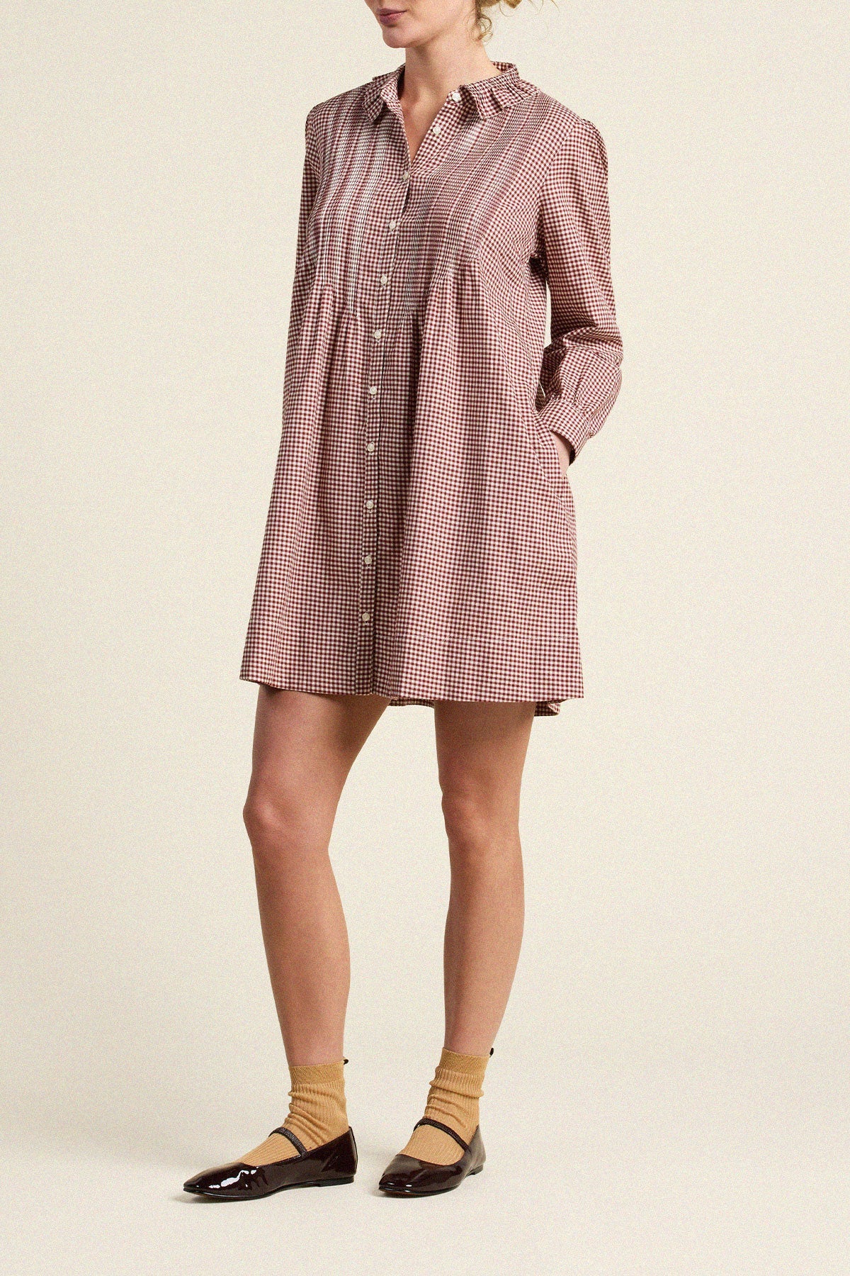 Trovata Olive Dress Mahogany Check hidden side seam pockets and easy everyday shape for ranch wear and rodeo
