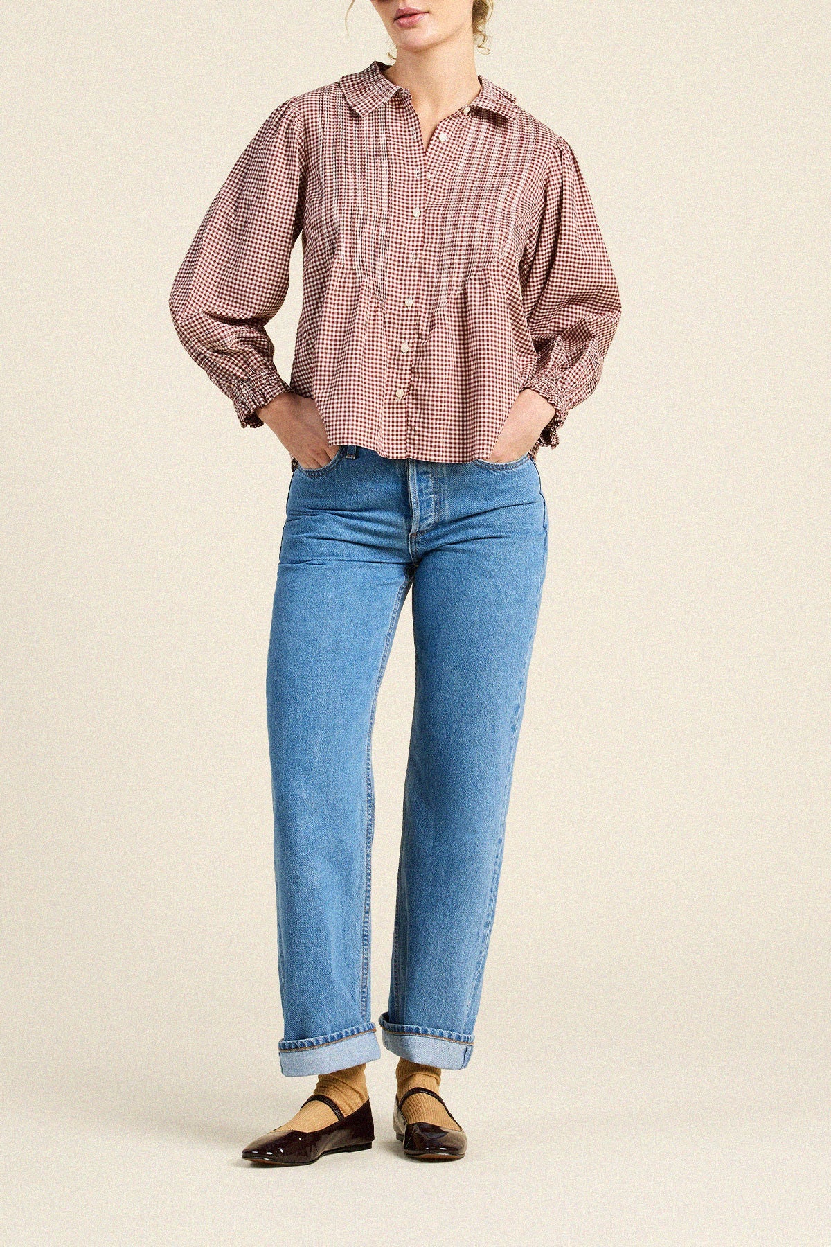 Trovata Francesca Blouse Mahogany Check long sleeves gathered into gently ruffled cuffs cowgirl style