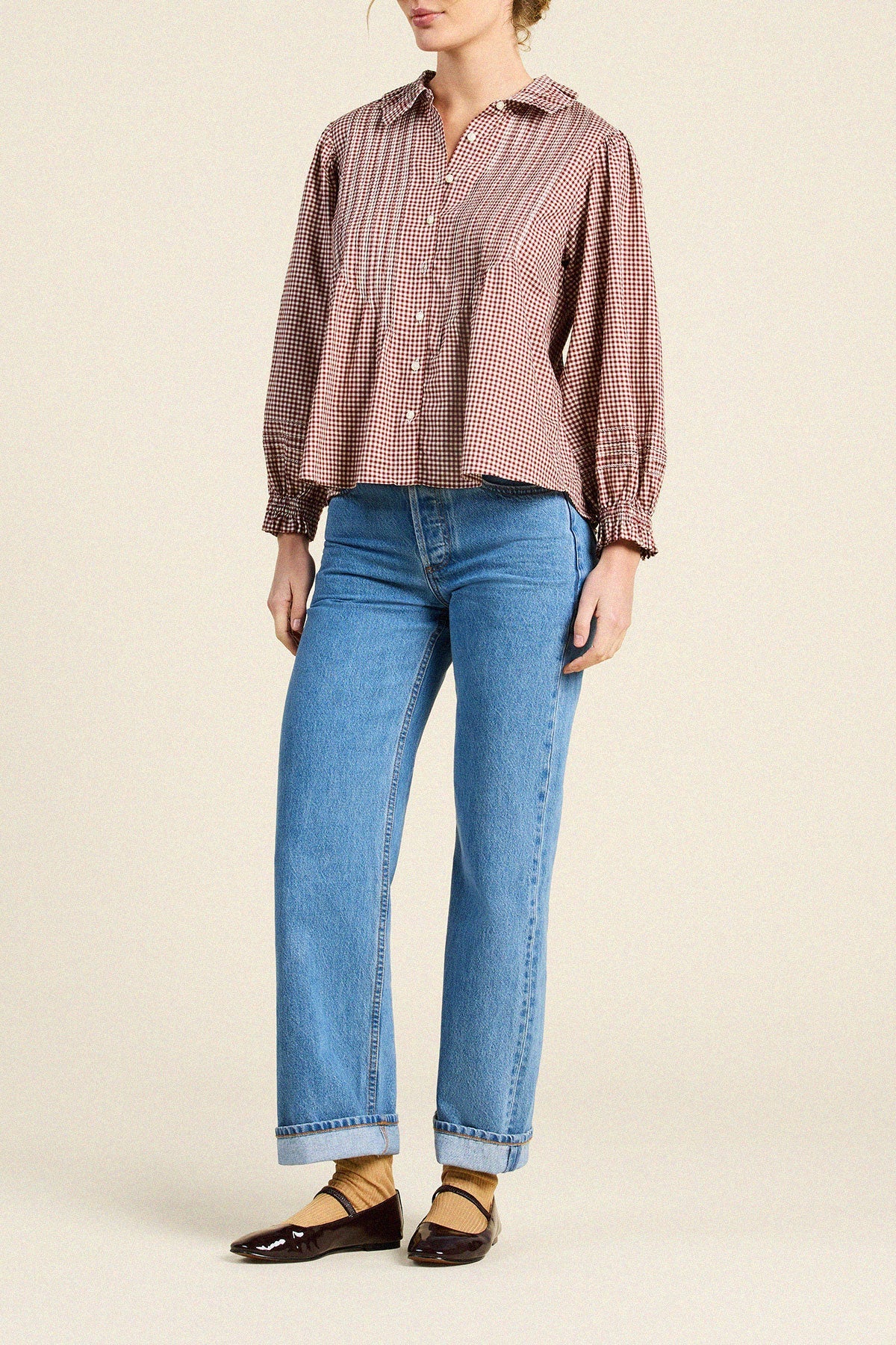 Trovata Francesca Blouse Mahogany Check polished blouse for ranch wear and everyday womens fashion Park City