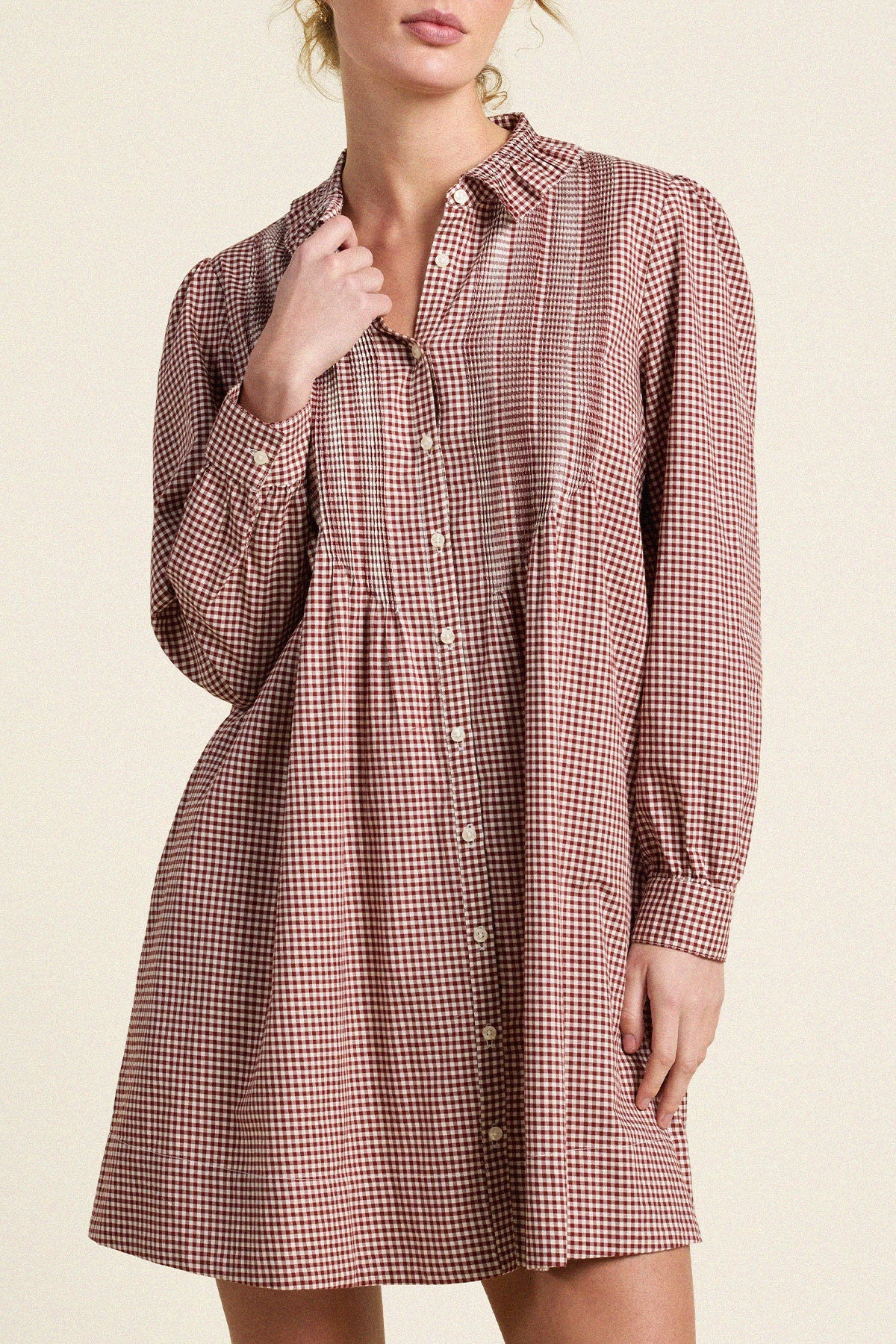 Trovata Olive Dress Mahogany Check ruffled bib collar with piping and pintuck detail womens western clothing