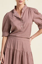Trovata Noah Blouse Mahogany Check standup collar with self fabric ruffle detail womens western clothing