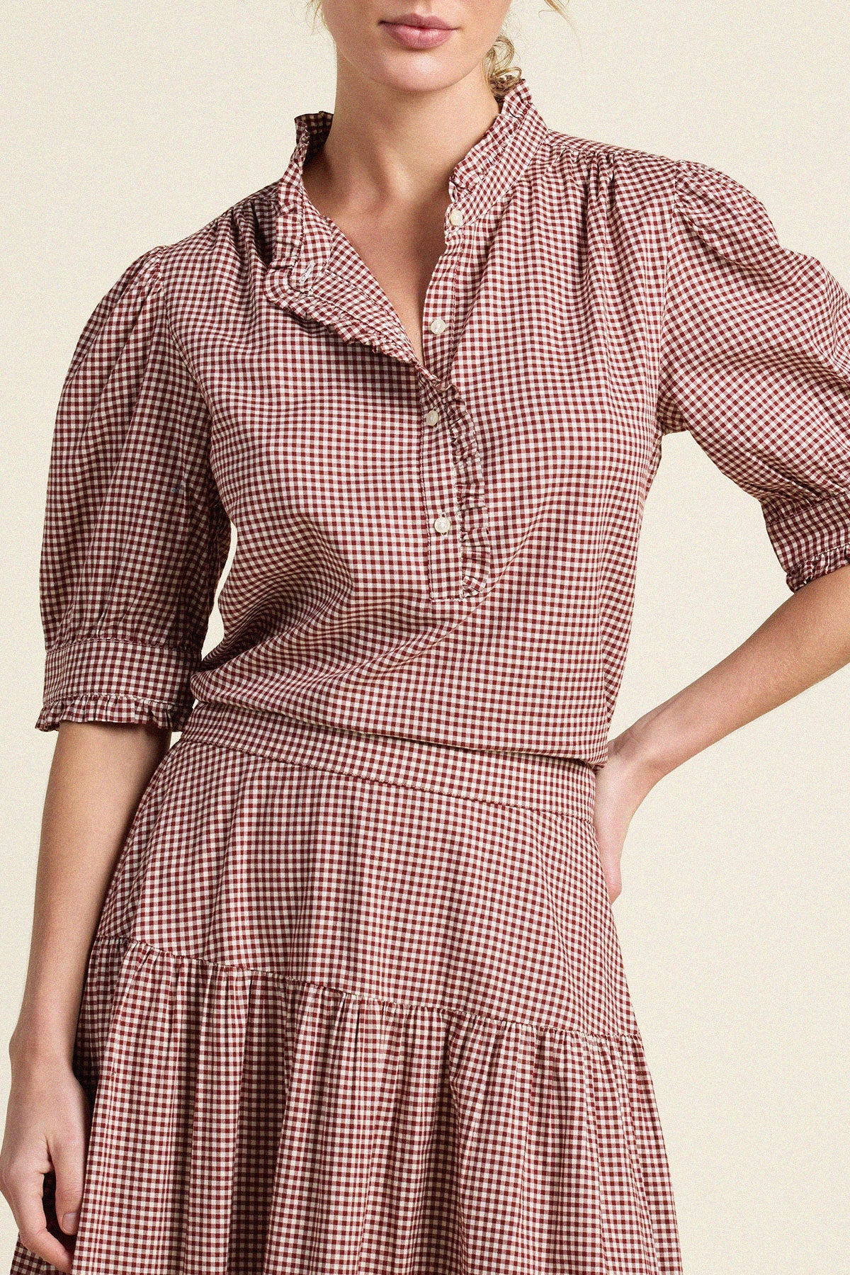 Trovata Noah Blouse Mahogany Check standup collar with self fabric ruffle detail womens western clothing