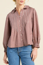 Trovata Francesca Blouse Mahogany Check pintucked front placket and buttons western fashion Kamas
