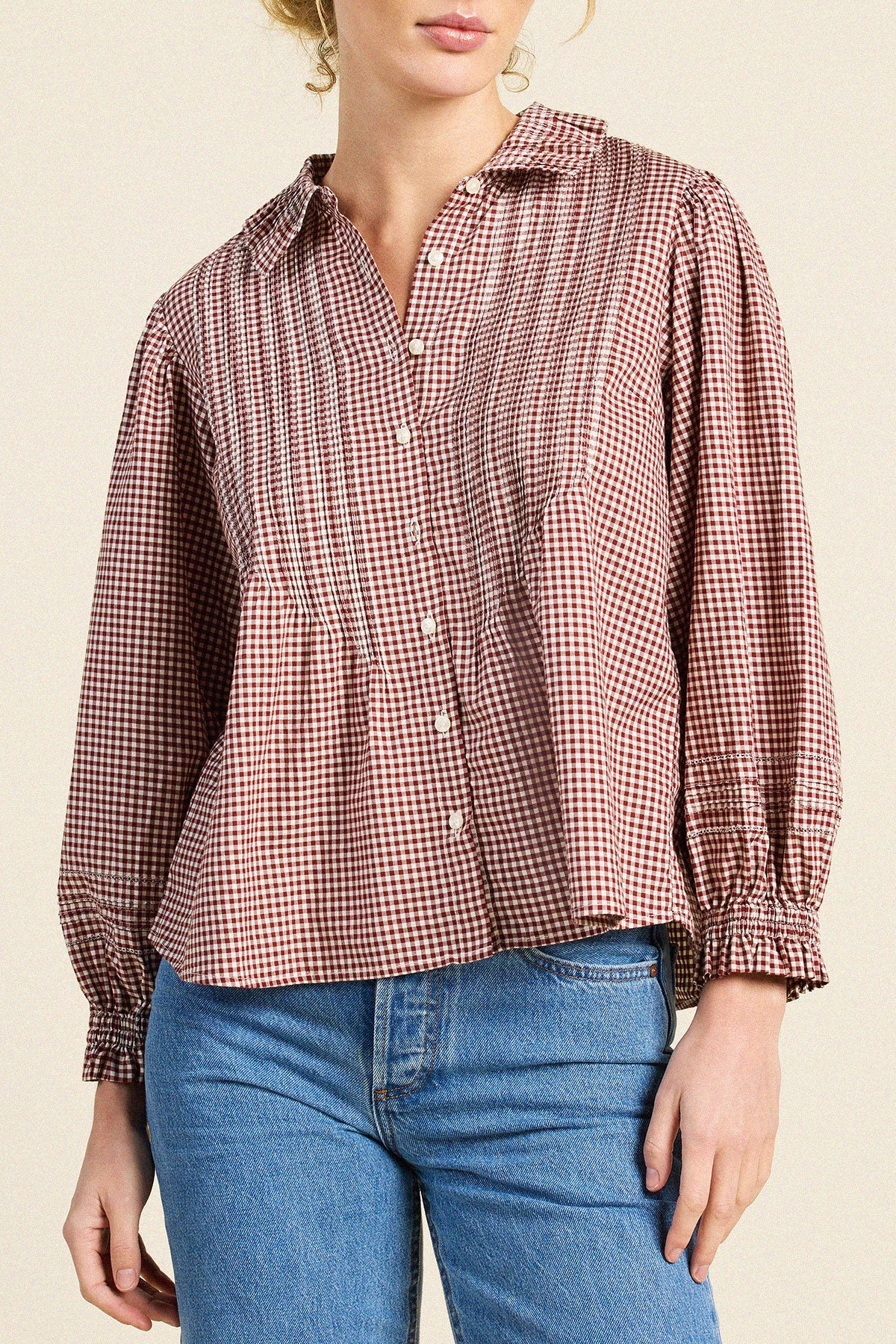Trovata Francesca Blouse Mahogany Check pintucked front placket and buttons western fashion Kamas