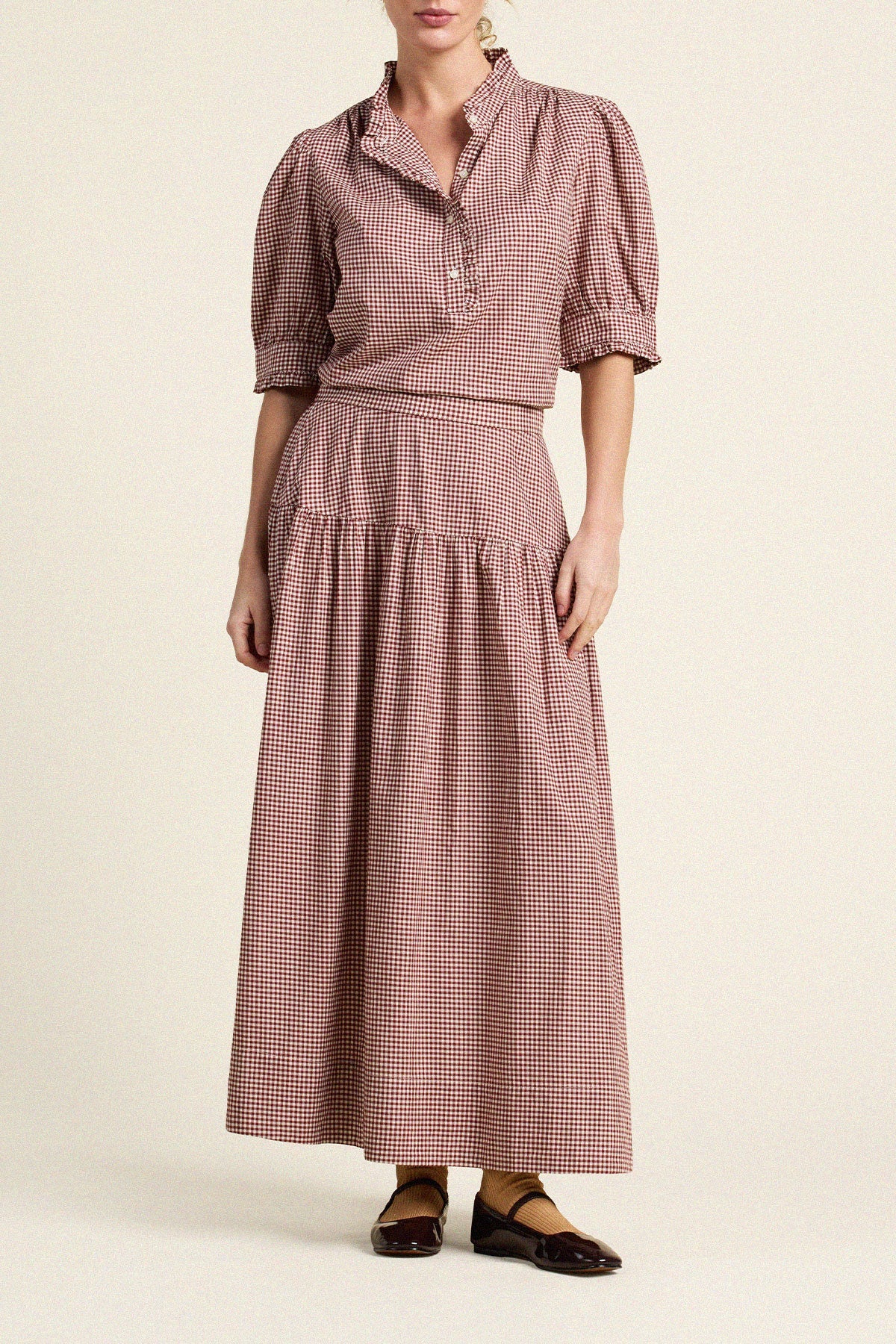 Trovata Lydia Skirt Mahogany Check full sweeping hemline released from seamed hip gathers womens western clothing