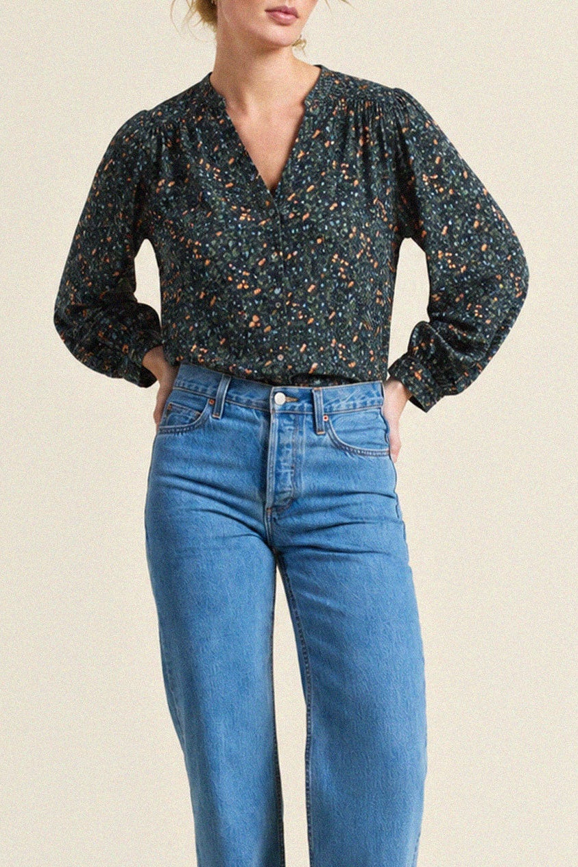 Trovata Pauline Blouse Marin Ditsy long sleeves finished in shirred ruffled cuffs ranch wear