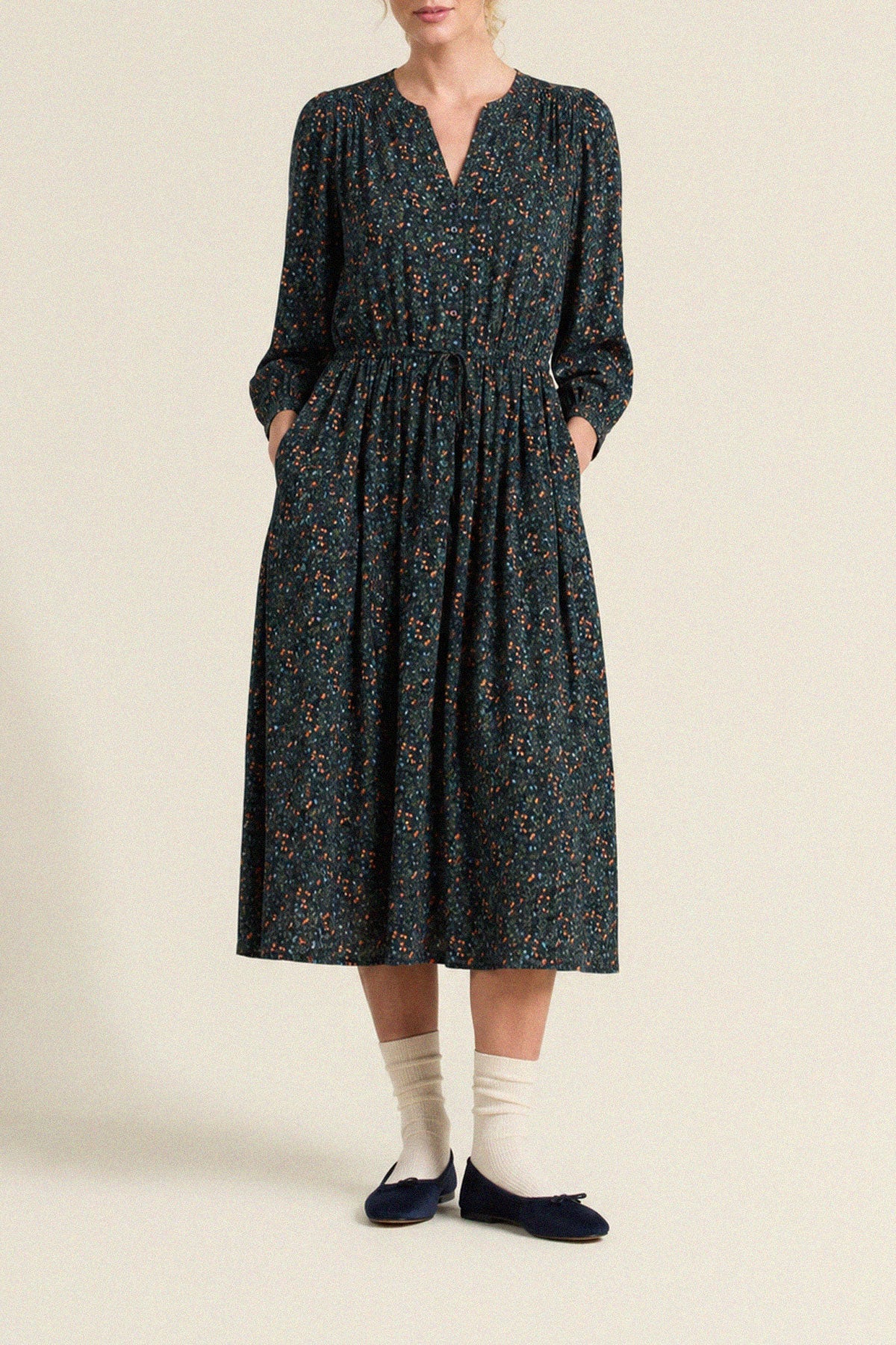 Trovata Sylvie Dress Marin Ditsy self fabric drawstring at the waist with hidden side seam pockets ranch wear