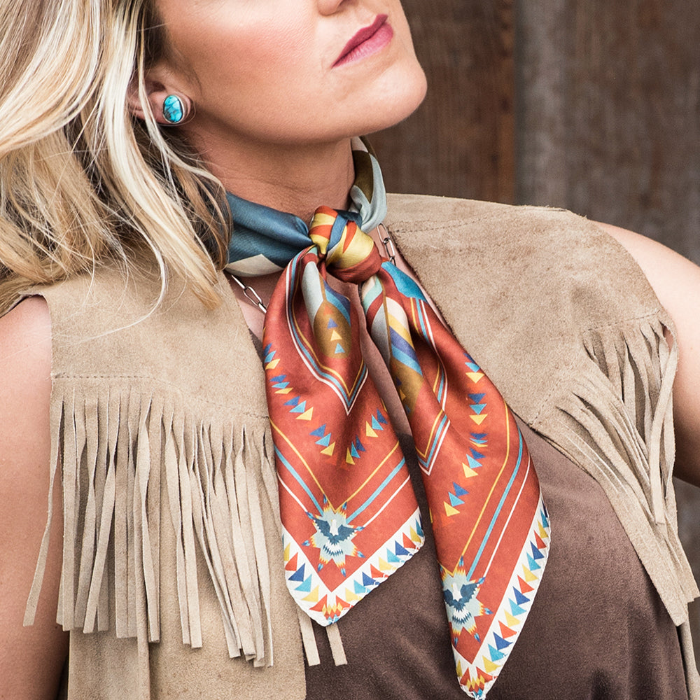 Fringe Soaring Eagle Star Quilt Silk Scarf pairs with a denim jacket knotted loose Park City