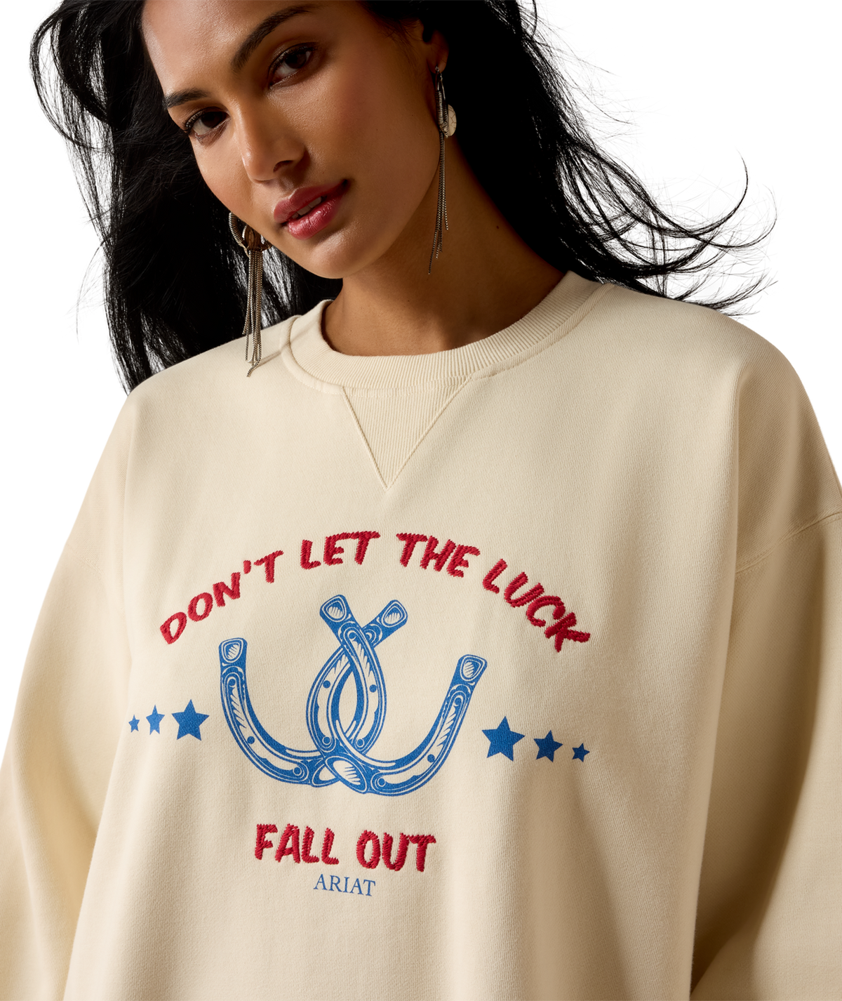 Ariat Womens Oversize Sweatshirt Parchment crossed horseshoe screen print with stars and embroidery detail across the chest western clothing