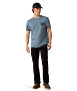 Ariat Mens Rope and Ride T Shirt Light Denim everyday short sleeve tee worn with a trucker cap and jeans for weekends in Kamas
