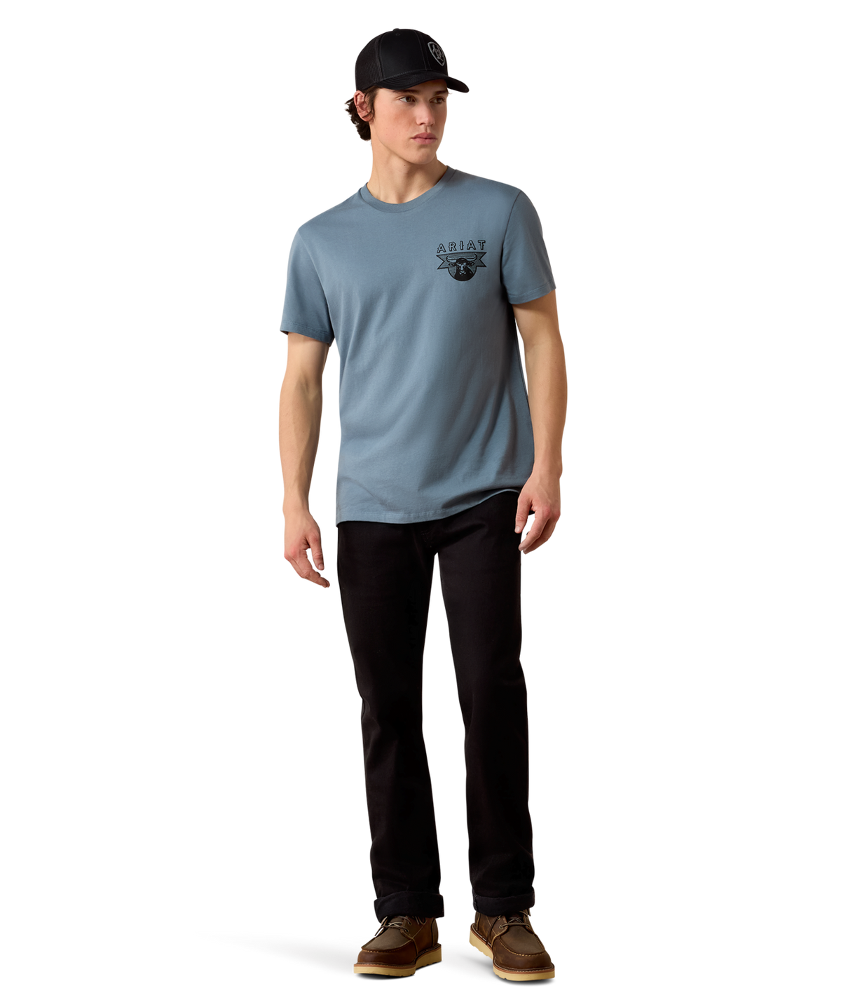 Ariat Mens Rope and Ride T Shirt Light Denim everyday short sleeve tee worn with a trucker cap and jeans for weekends in Kamas