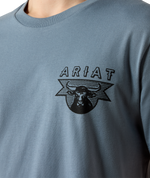 Ariat Mens Rope and Ride T Shirt Light Denim black screen printed Ariat bull skull logo on the left chest cowboy style
