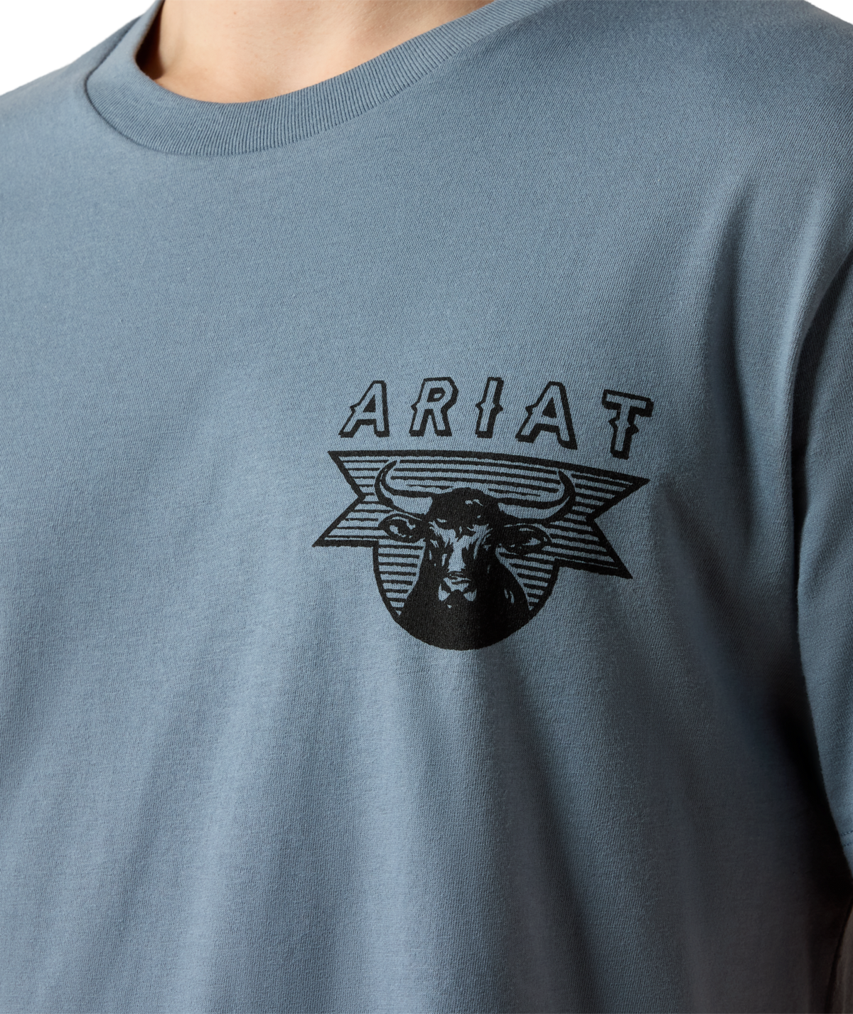Ariat Mens Rope and Ride T Shirt Light Denim black screen printed Ariat bull skull logo on the left chest cowboy style