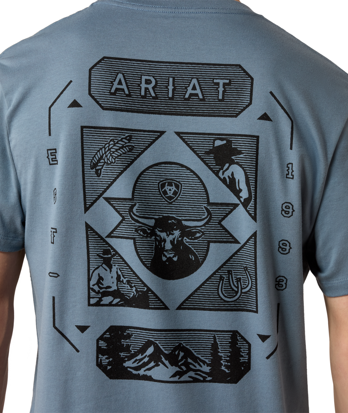 Ariat Mens Rope and Ride T Shirt Light Denim large rodeo scene back graphic with horse rider and mountain artwork western fashion