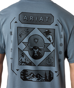 Ariat Mens Rope and Ride T Shirt Light Denim large rodeo scene back graphic with horse rider and mountain artwork western fashion
