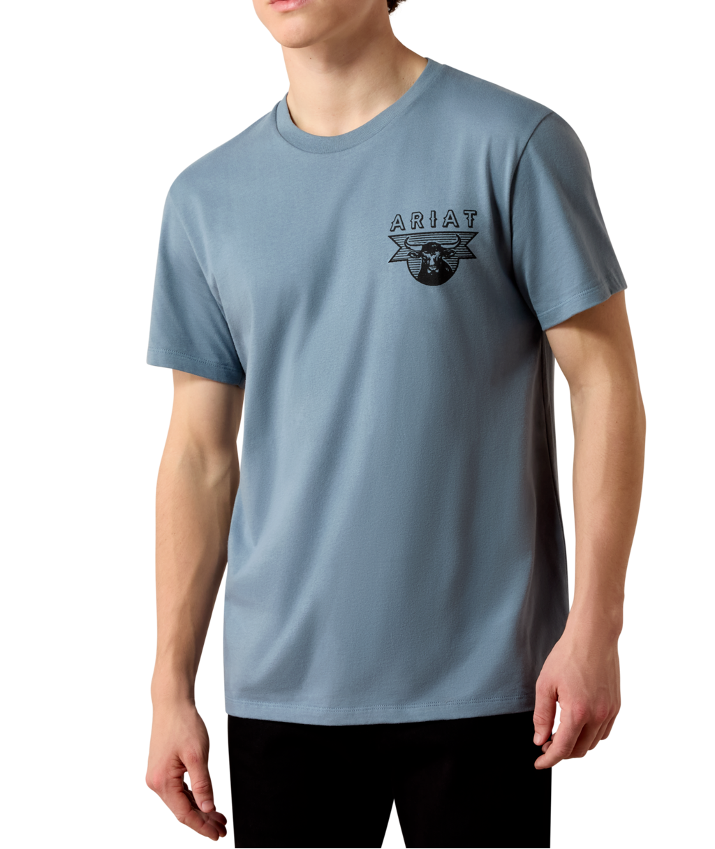 Ariat Mens Rope and Ride T Shirt Light Denim light denim blue cotton graphic tee mens western clothing Utah SKU 10080601