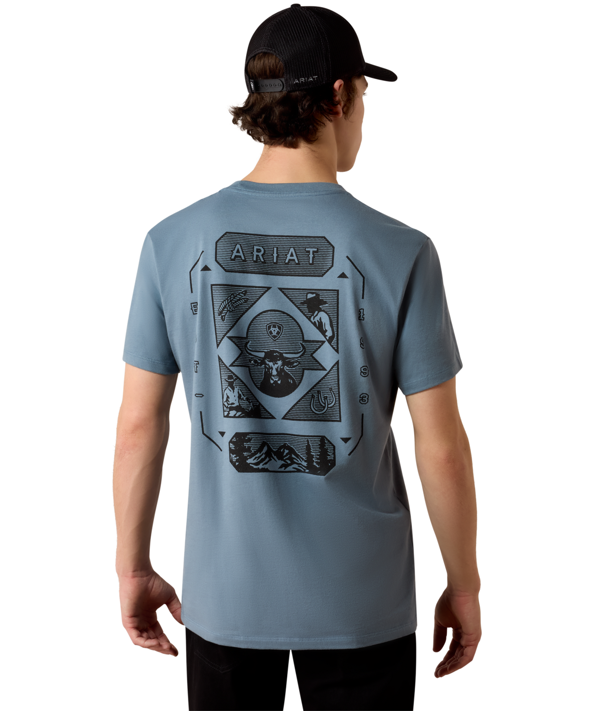 Ariat Mens Rope and Ride T Shirt Light Denim classic crew neck with short sleeves and an easy relaxed fit ranch wear