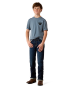 Ariat Boys Rope and Ride T Shirt Light Denim easy fitting short sleeve kids tee paired with jeans and boots for rodeo days in Kamas