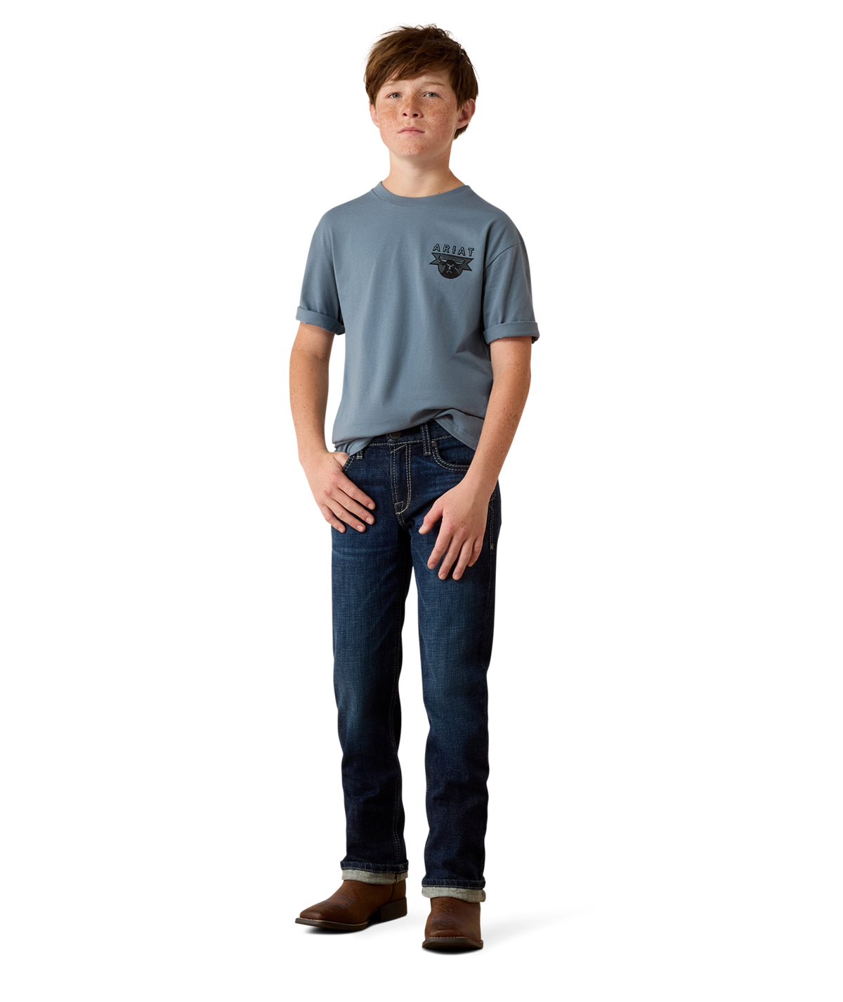 Ariat Boys Rope and Ride T Shirt Light Denim easy fitting short sleeve kids tee paired with jeans and boots for rodeo days in Kamas