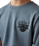 Ariat Boys Rope and Ride T Shirt Light Denim black Ariat bull skull screen print on the left chest with a ribbed crew neck cowboy style
