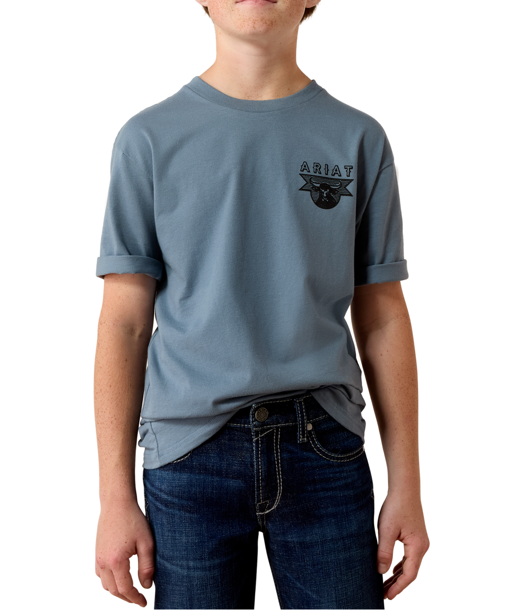 Ariat Boys Rope and Ride T Shirt Light Denim light denim blue cotton graphic tee for boys kids western clothing Utah SKU 10080600