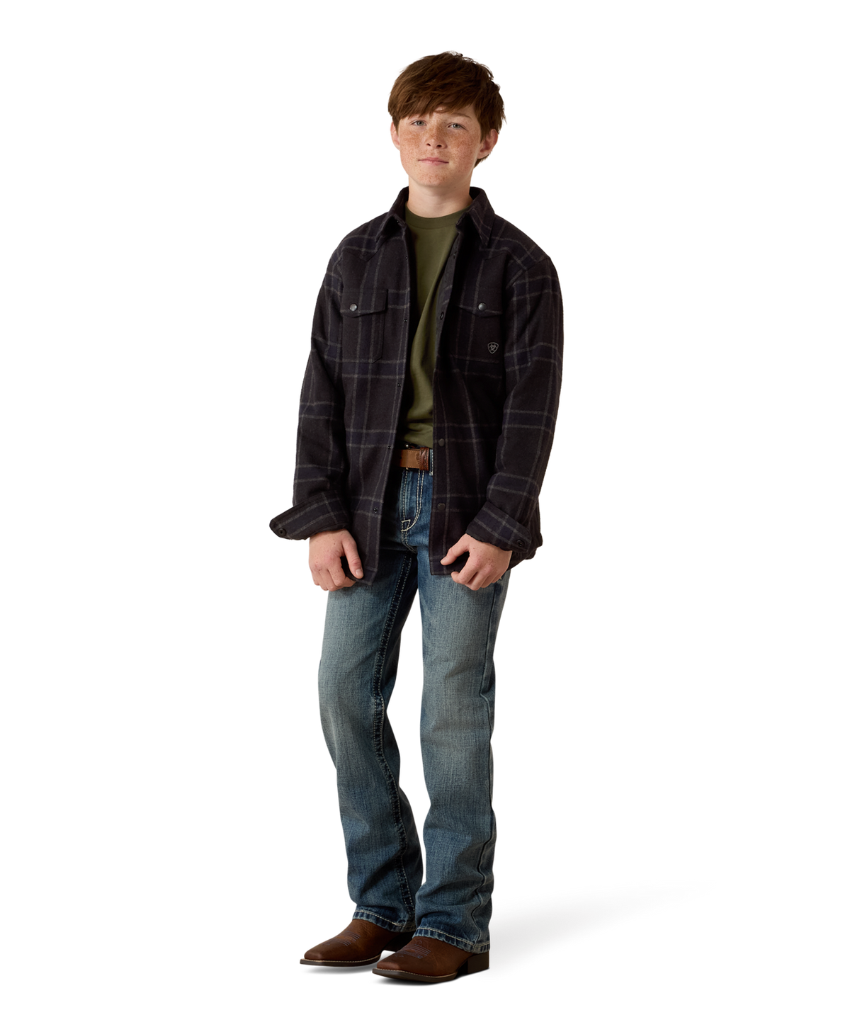 Ariat Boys Retro Shirt Jacket Charcoal Plaid warm overshirt layer for chilly mornings and rodeo days Park City