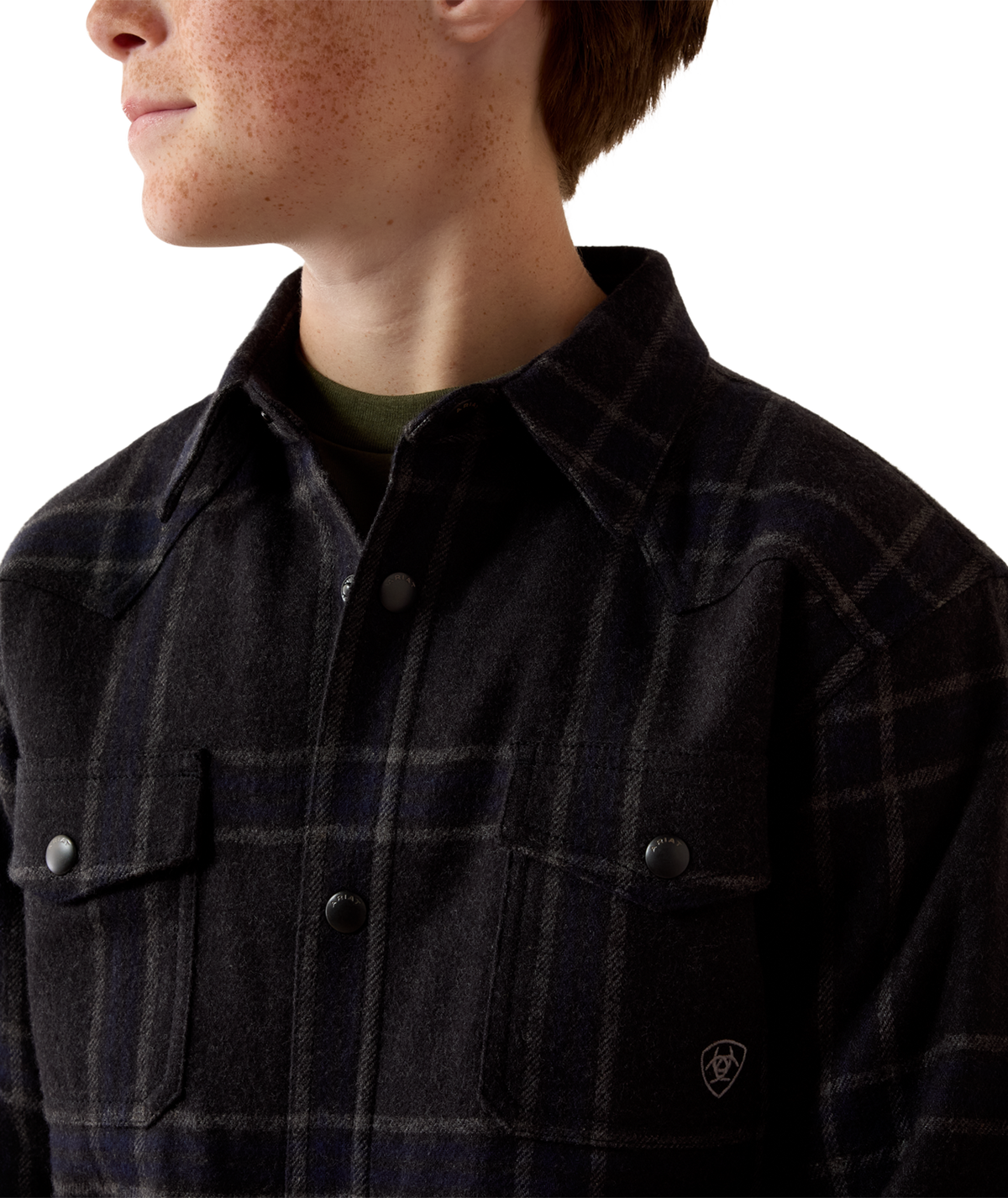 Ariat Boys Retro Shirt Jacket Charcoal Plaid bull horn snap front closure and snap cuffs ranch wear