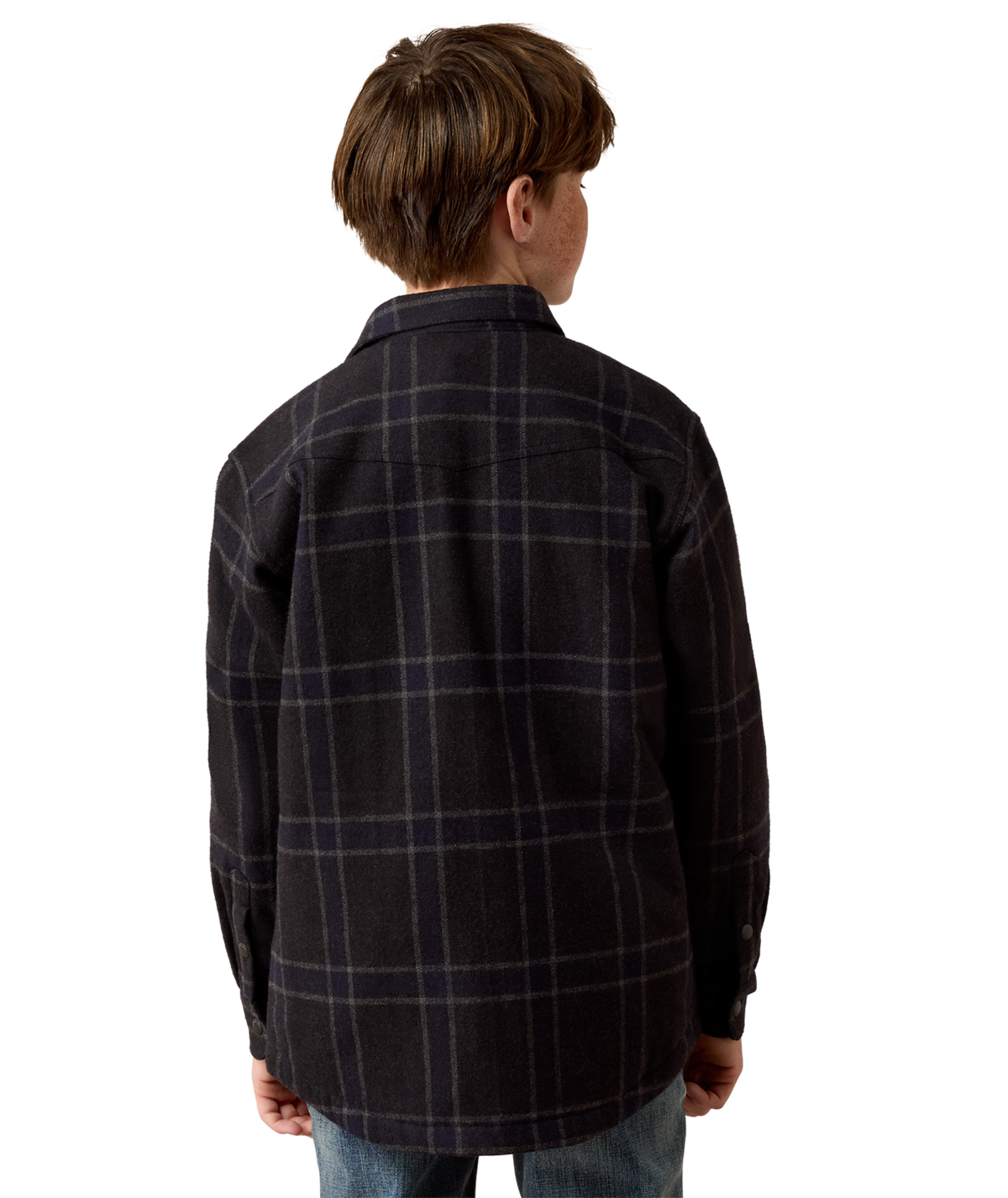 Ariat Boys Retro Shirt Jacket Charcoal Plaid generous boxy fit with room to move for young cowboys