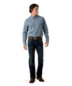 Ariat Mens Pheonix Fitted Snap Shirt Majolica Blue Leaf Print blue print long sleeve snap shirt styled with dark jeans and a leather belt western fashion Park City