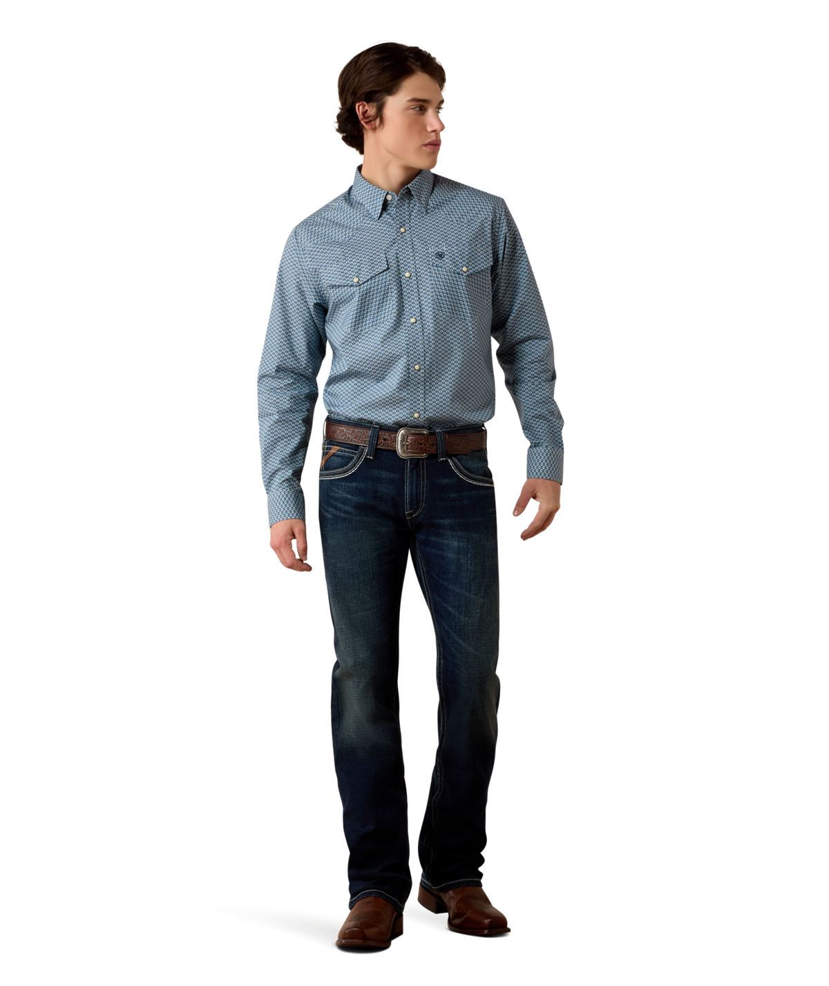 Ariat Mens Pheonix Fitted Snap Shirt Majolica Blue Leaf Print blue print long sleeve snap shirt styled with dark jeans and a leather belt western fashion Park City