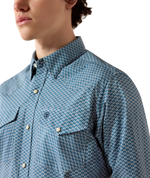 Ariat Mens Pheonix Fitted Snap Shirt Majolica Blue Leaf Print white pearl snaps with twin flap chest pockets and a shaped western yoke cowboy style