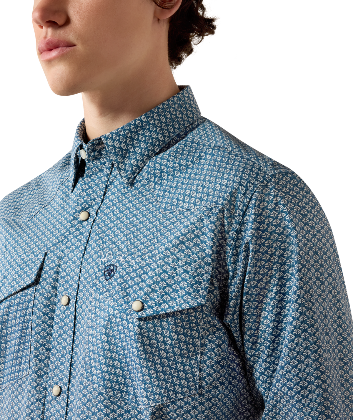 Ariat Mens Pheonix Fitted Snap Shirt Majolica Blue Leaf Print white pearl snaps with twin flap chest pockets and a shaped western yoke cowboy style