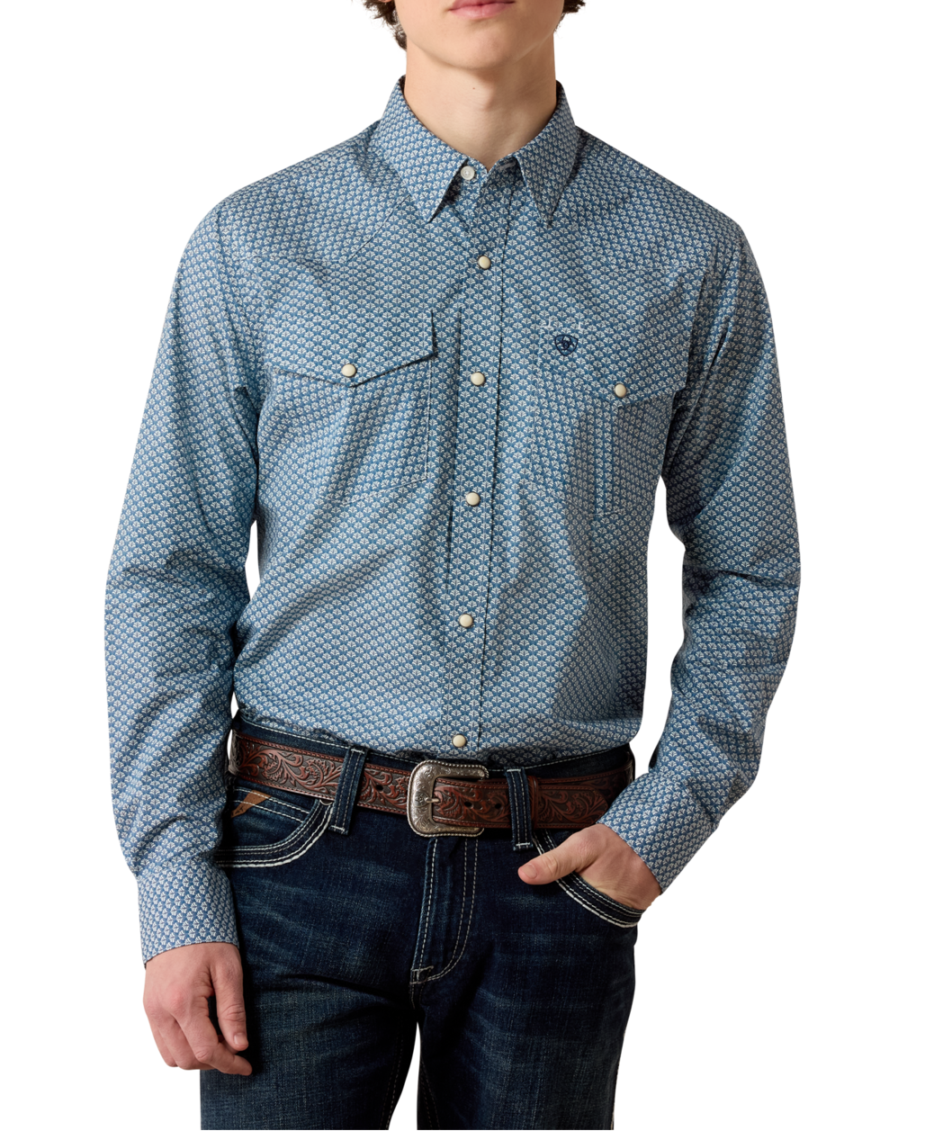 Ariat Mens Pheonix Fitted Snap Shirt Majolica Blue Leaf Print majolica blue leaf print western snap shirt in 100 percent cotton mens western clothing Utah SKU 10080597