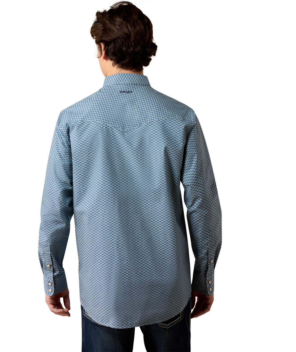 Ariat Mens Pheonix Fitted Snap Shirt Majolica Blue Leaf Print slim fitted silhouette with extra length in the body and sleeves ranch wear