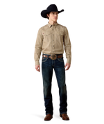Ariat Mens Wrinkle Free Rip Classic Fit Snap Shirt Antique Gold Geo Print polished long sleeve snap shirt worn with a trophy buckle and jeans for rodeo nights in Park City