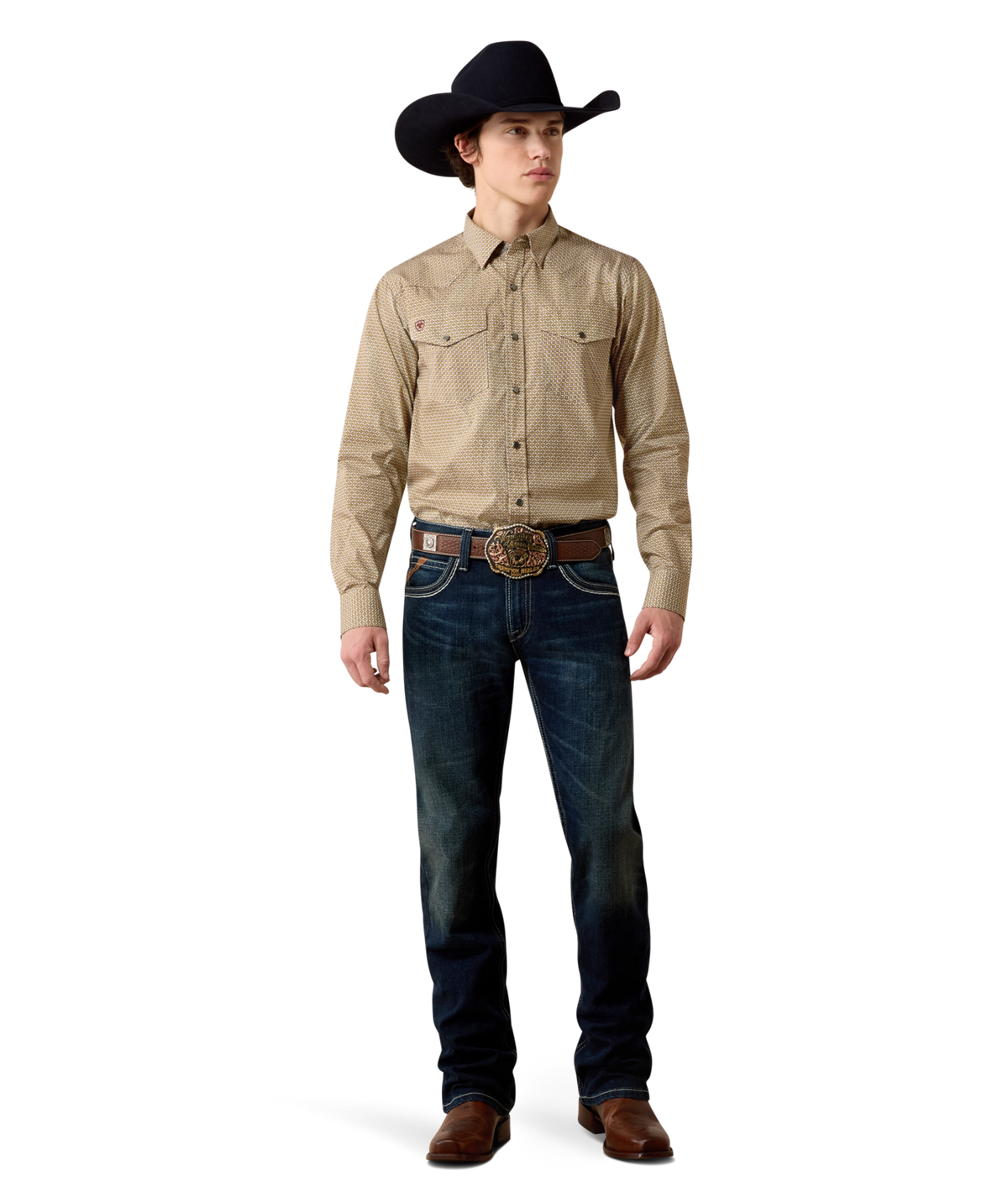 Ariat Mens Wrinkle Free Rip Classic Fit Snap Shirt Antique Gold Geo Print polished long sleeve snap shirt worn with a trophy buckle and jeans for rodeo nights in Park City