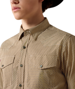 Ariat Mens Wrinkle Free Rip Classic Fit Snap Shirt Antique Gold Geo Print pearl snap front with twin flap chest pockets and a hidden pen slot cowboy style